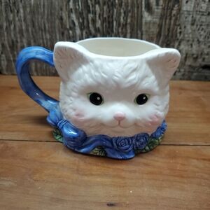 Avon Vintage Kitty Cat Figure Mug Cup Ceramic Blue Roses Collectable 8oz